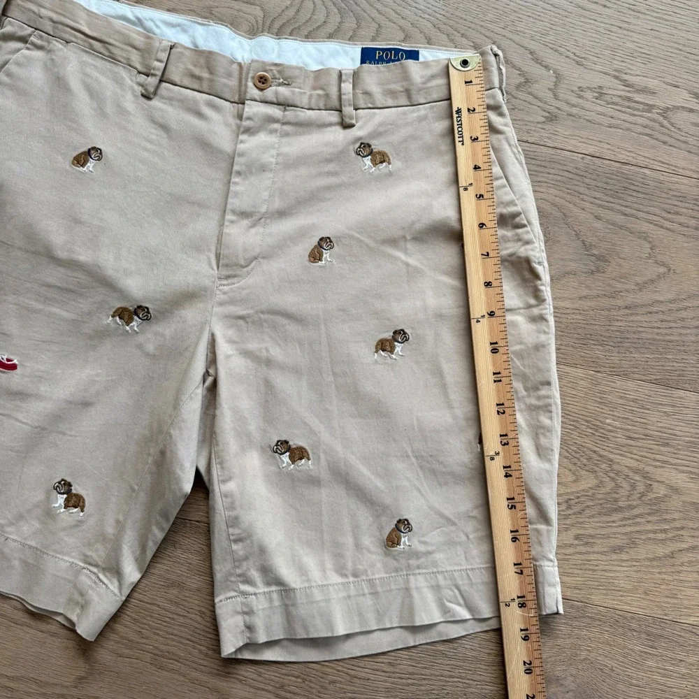 Polo Ralph Lauren Mens 34 Bulldog Embroidered Khaki Stretch Classic Fit Shorts